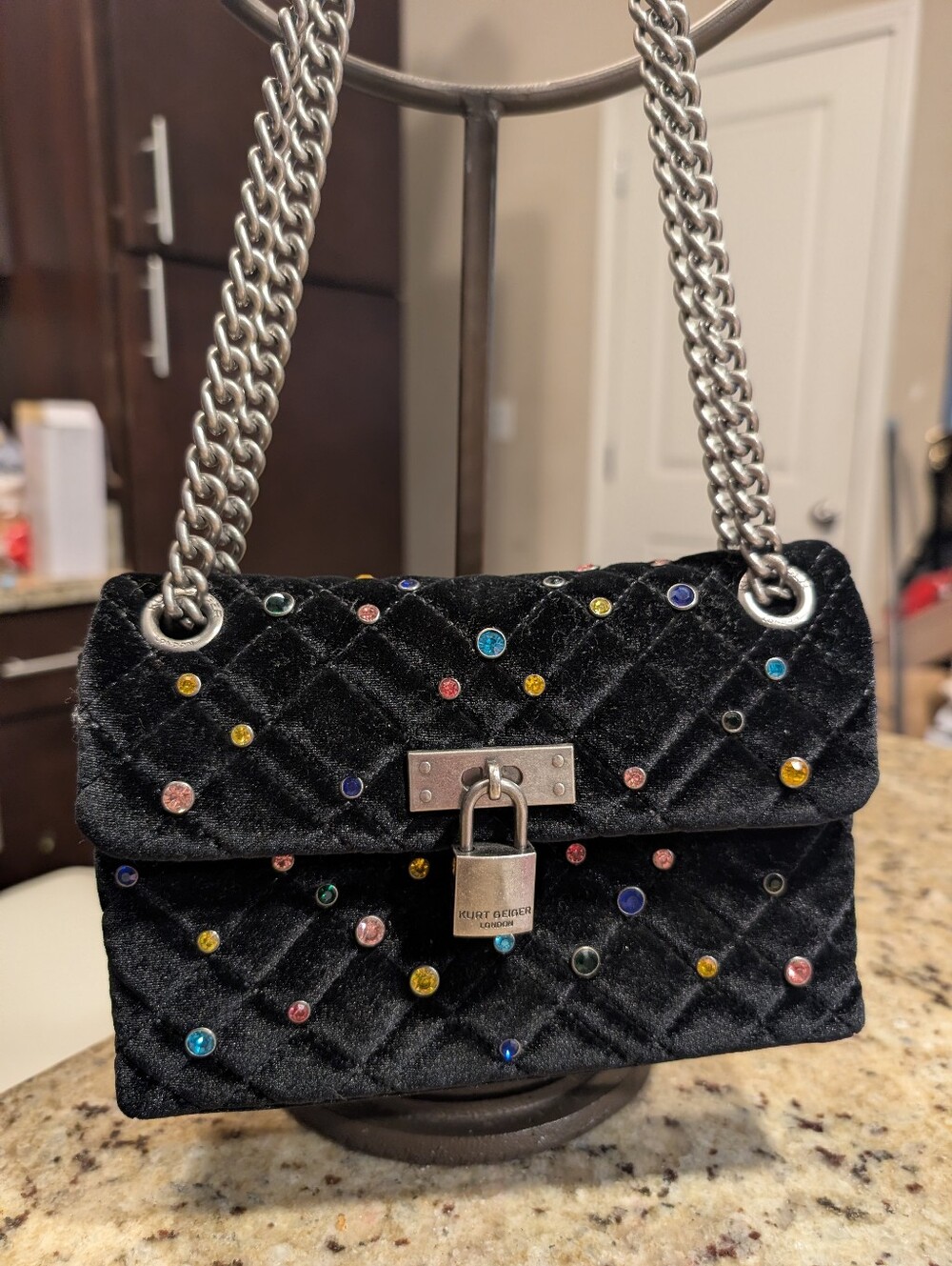 Kurt Geiger Black Quilted Velvet Bag Shoulder Or Crossbod